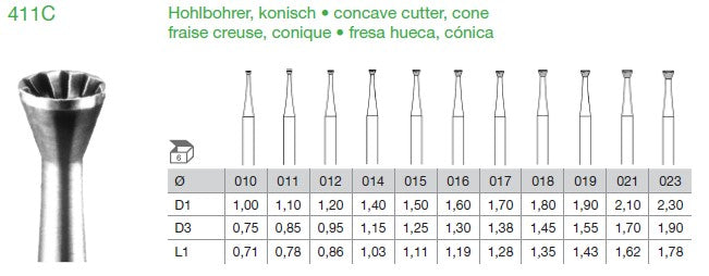 [Pre-order] BUSCH Fig.411C Concave Cutter Bur 6's