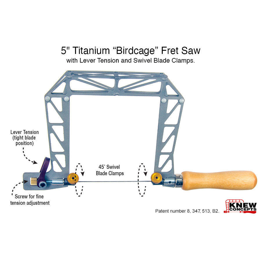 Knew Concepts 5" Titanium Birdcage Fret Saw with Lever Tension and Swivel Blade Clamps