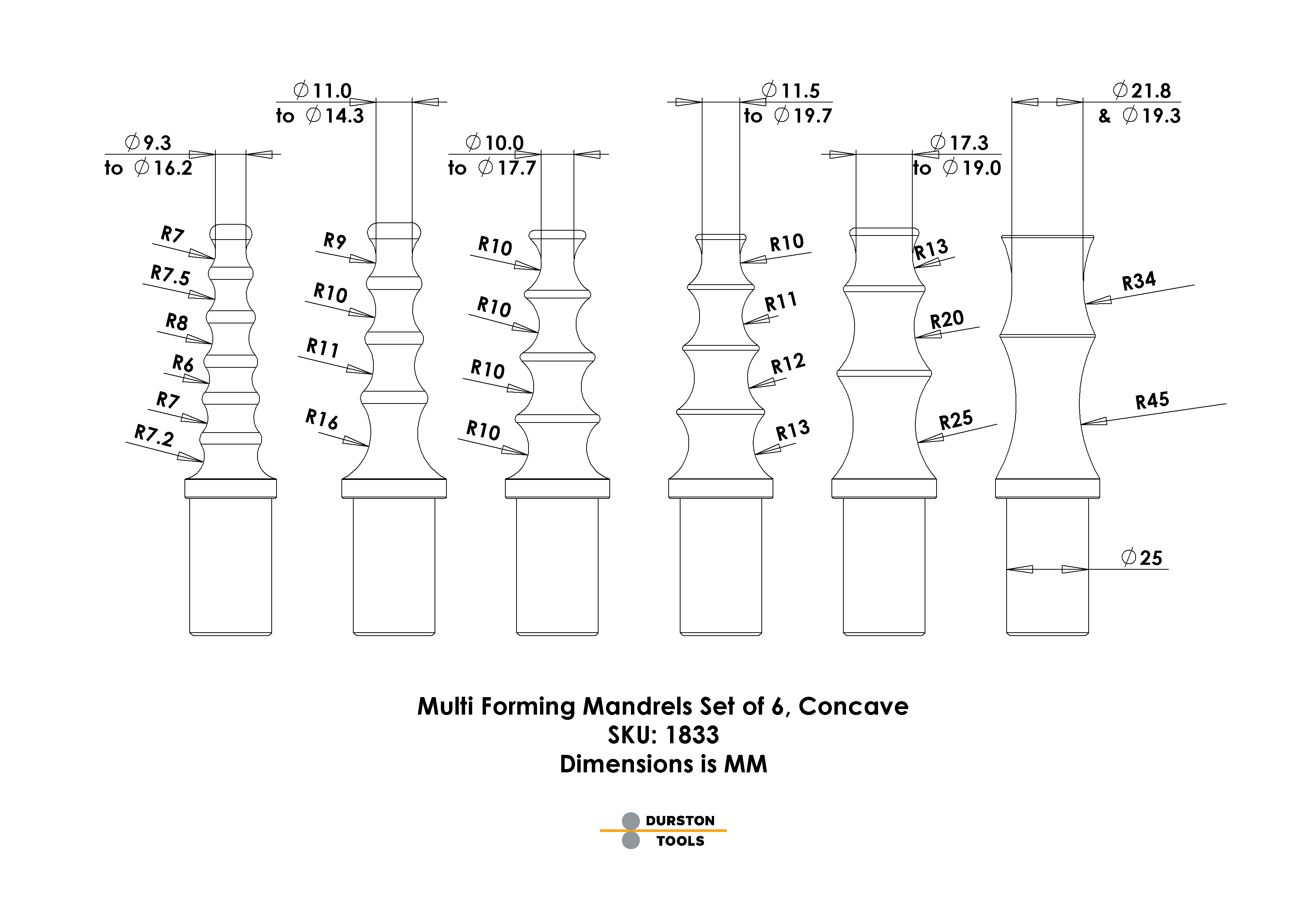 Durston Multi Forming Anvil Mandrels Set of 6 – Concave